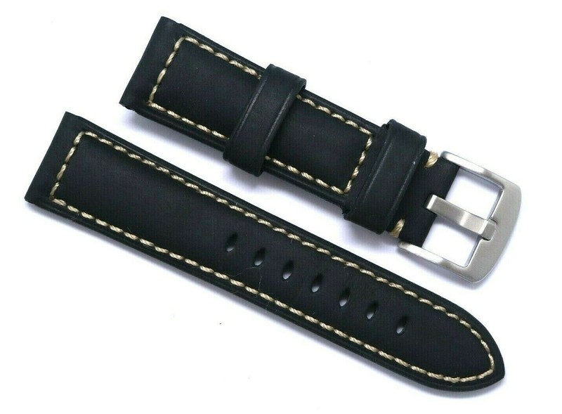 22mm Black HQ Crazy Horse Oily Leather Beige Stitching Watch Strap Silver Buckle