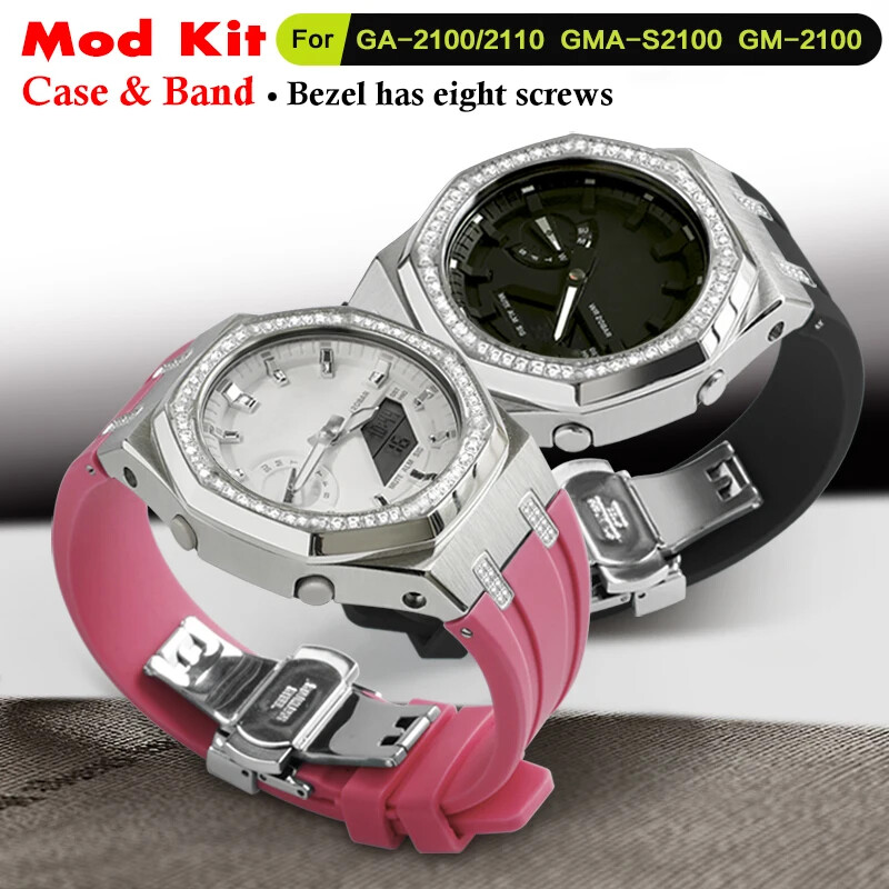 Diamond Steel Mod Kit Bezel Case Rubber Band for G-Shock GA2100 GMAS2100 GM2100