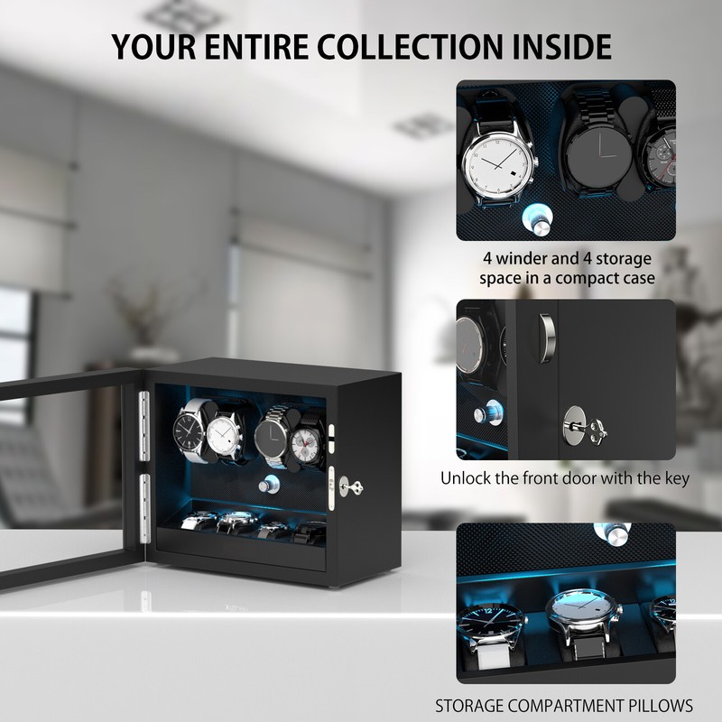 XTELARY Automatic 4 Watch Winder With 4 Extra Storage Case Box Display Black gallery