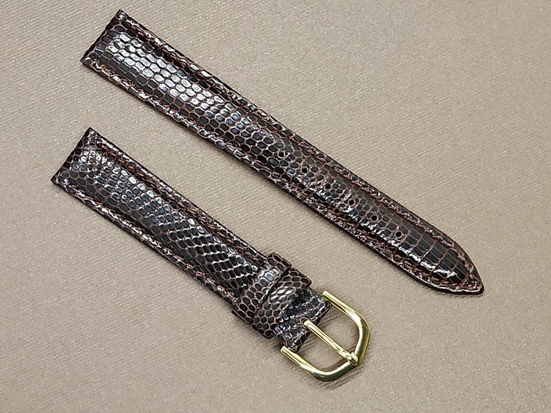 Vintage NOS 16mm Dark Brown Padded & Stitched Genuine Lizard Watch Band gallery