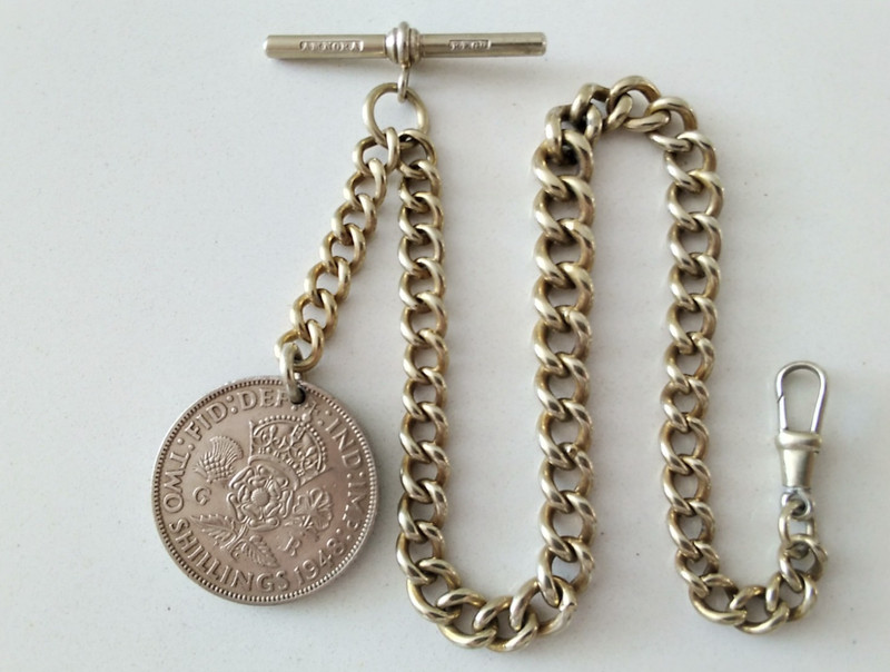 Vintage 1940s Pocket Watch Chain curb link T bar dog clip coin fob silver plate