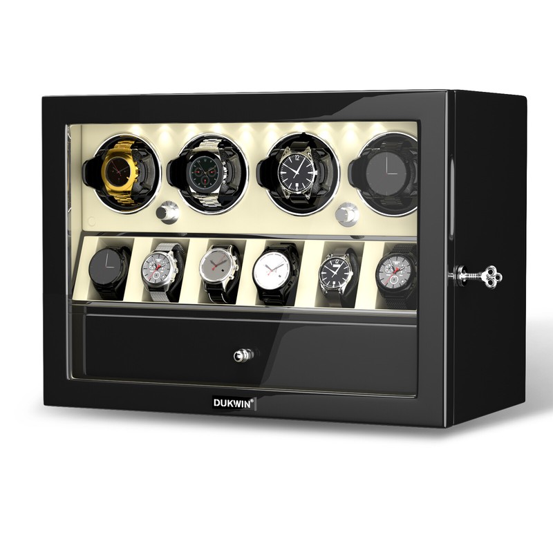LED Light Automatic 4 Watch Winder Case with 6 Watches Display Storage Box White