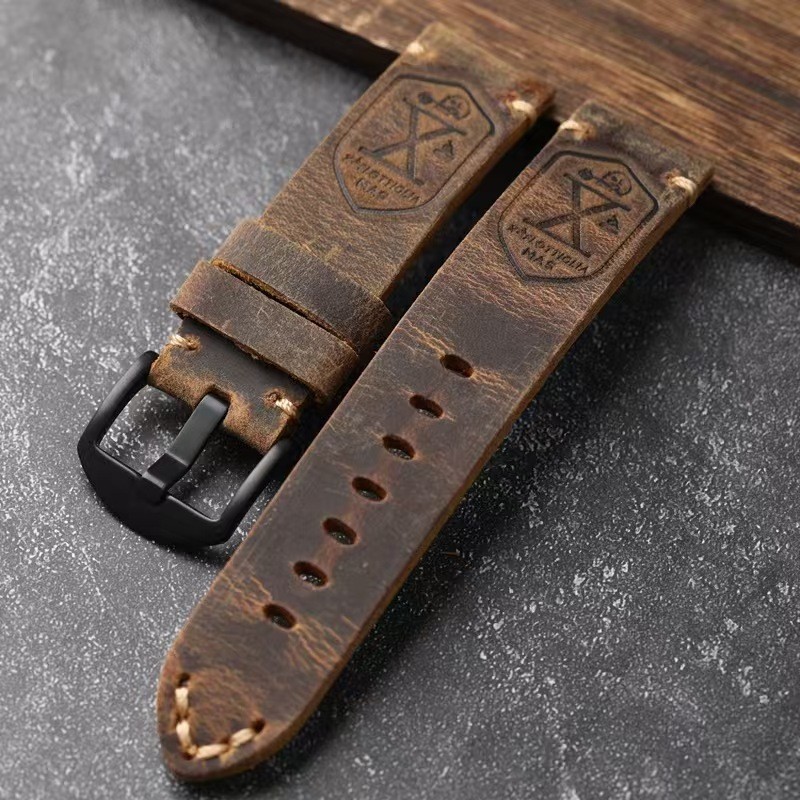 Handmade Thick Leather Antique Horween Vintage Watch Band Strap 20-26mm gallery
