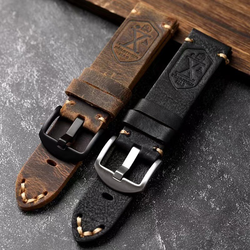 Handmade Thick Leather Antique Horween Vintage Watch Band Strap 20-26mm gallery