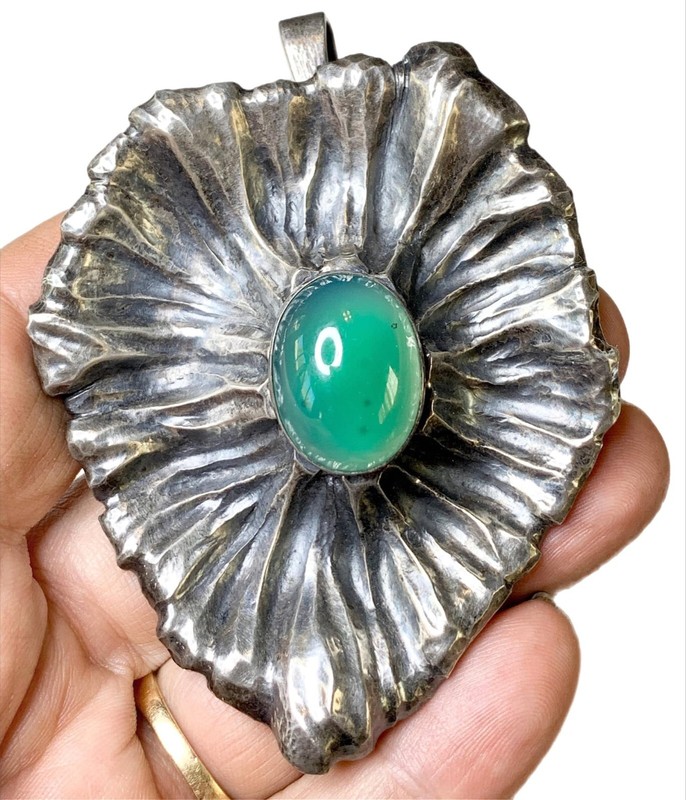 Art Nouveau Leaf Pendant, Sterling and Chrysoprase, over 36 grams