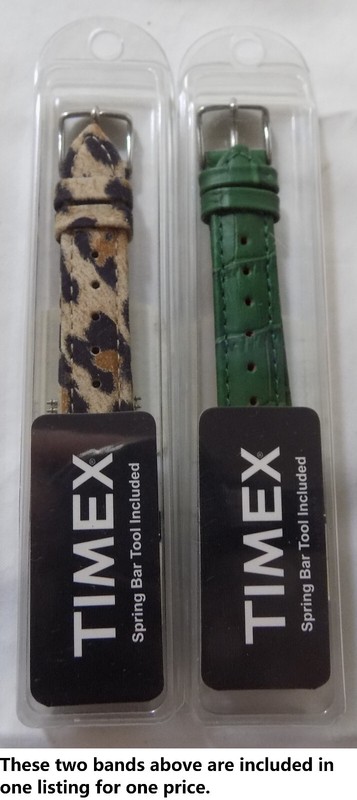 2 for 1 (1 Green, 1 Leopard) Timex Leather 16mm Watch Band Silver Buckle