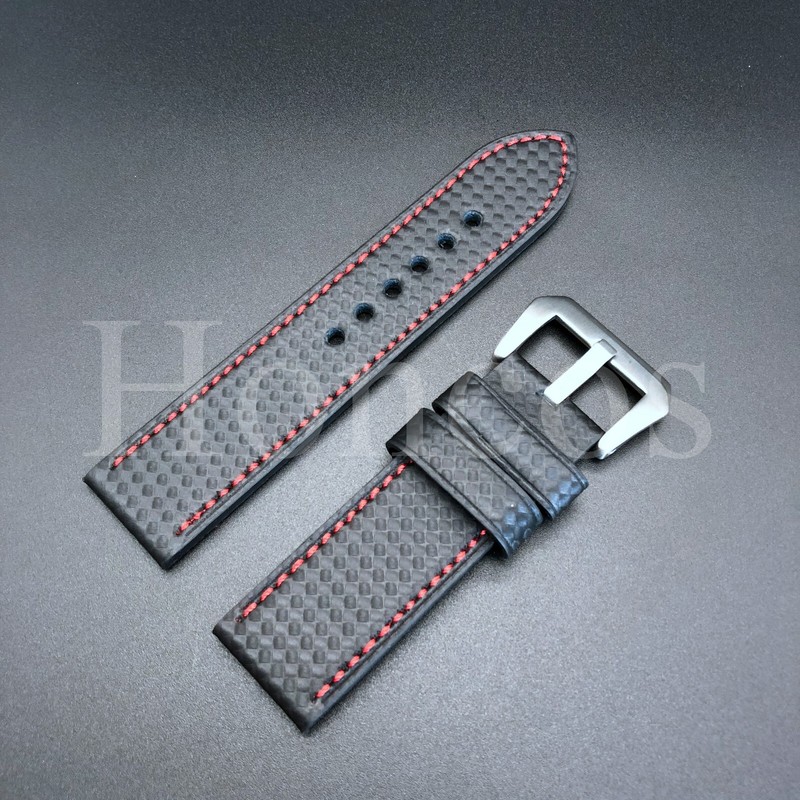 20 22 MM Carbon Fiber Black/WHT Leather Watch Band Strap Buckle Fits for Citizen gallery