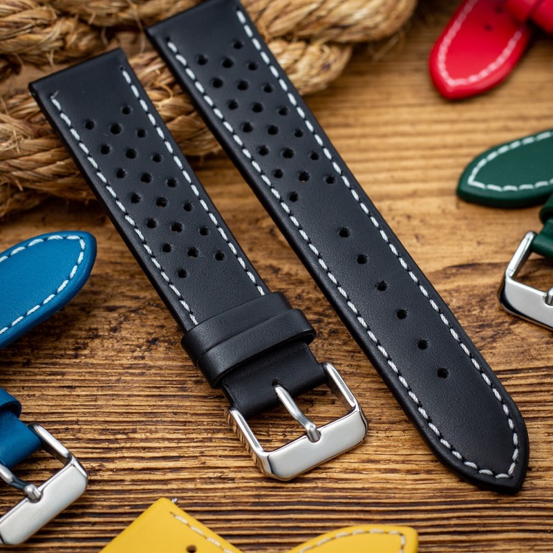 Perforated Rally Watch Strap Band – Black red green yellow blue – 18 20 22 24mm
