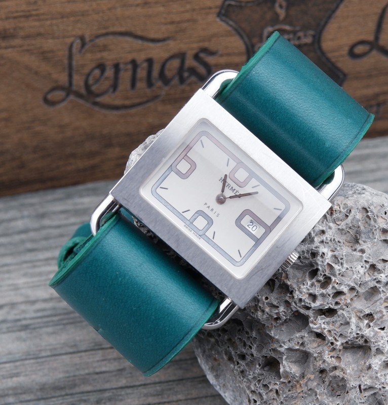 Handmade Leather Watch Strap for Hermes Barenia BA1.510 Turquoise 24mm