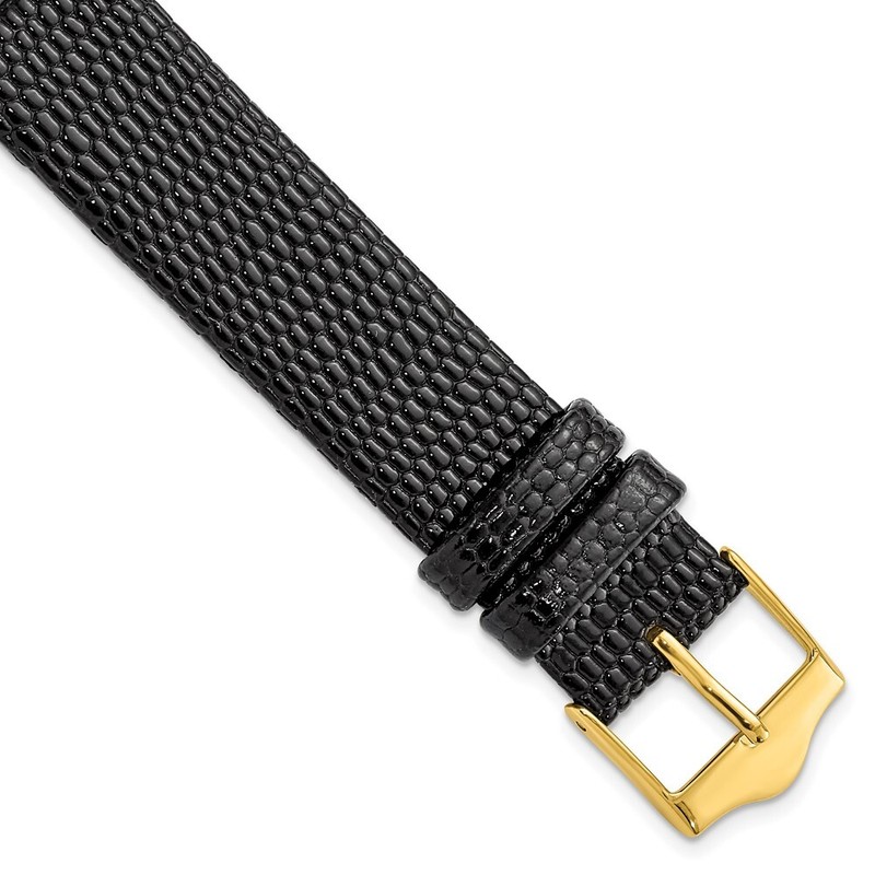 17mm 7.5″ Flat Black Lizard-Style Grain Leather Gold-tone Buckle Watch Band