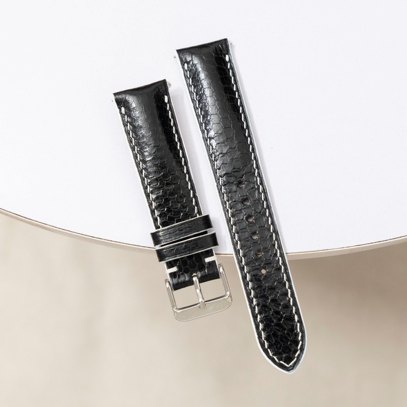 Sea Snake Black Leather Watch Strap, Handmade Exotic Watch Band 14-26mm