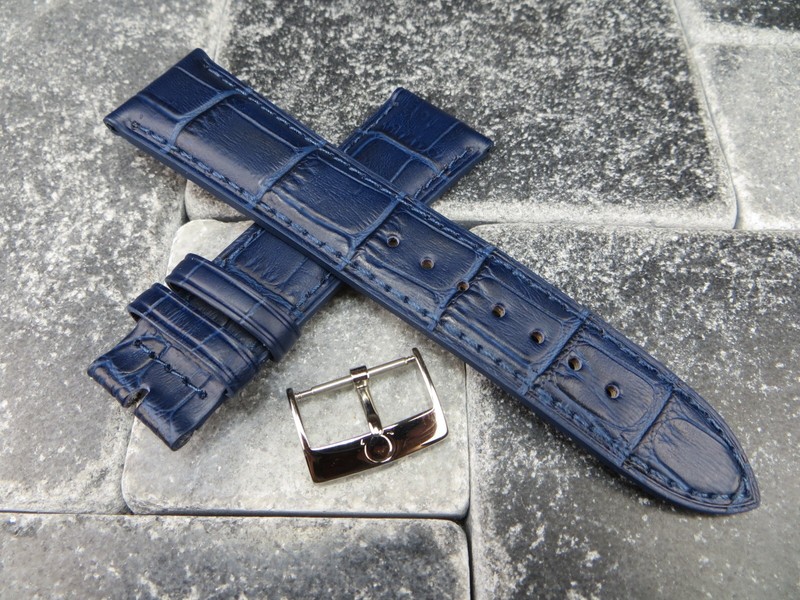 20mm Leather Strap Navy Blue Watch Band with OEM OMEGA Buckle Set Polish Blue
