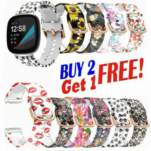 For Fitbit Versa 3 /Sense Soft Flowers Printing Strap Sport Silicone Watch Band