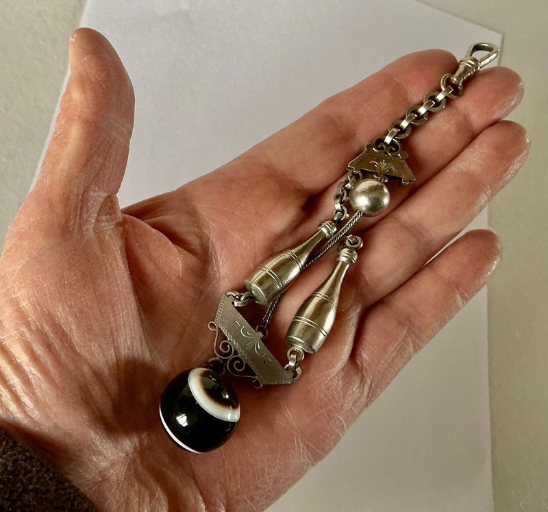 Ca 1880s Silver Watch Fob Articulated BOWLING PINS w/ Glass MARBLE gallery