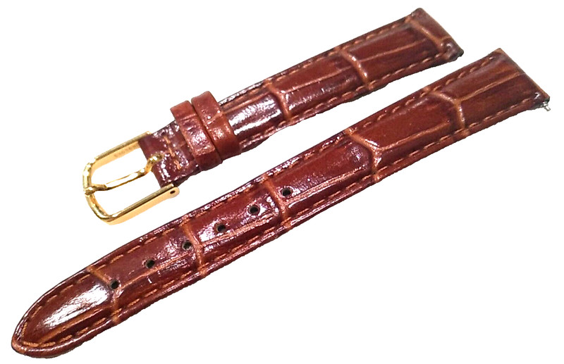 New Brown Embossed Simulated Crocodile Grain 14mm Watch Band Gold Tone Buckle gallery