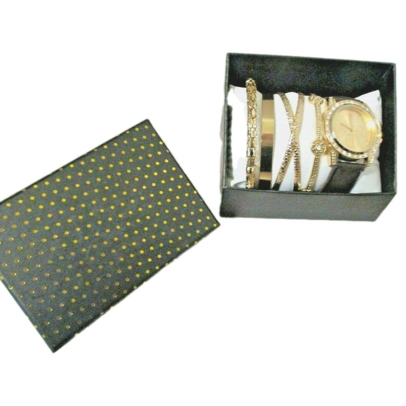 Quartz Watch and Assorted Gold-Tone Ladie’s Bangle Bracelets Gift Rhinestone New