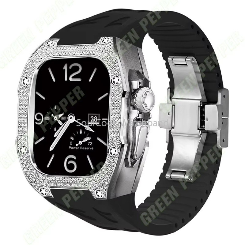 Luxury Diamond Titanium Case+Fluororubber Strap For Apple Watch Ultra 2/1 49mm