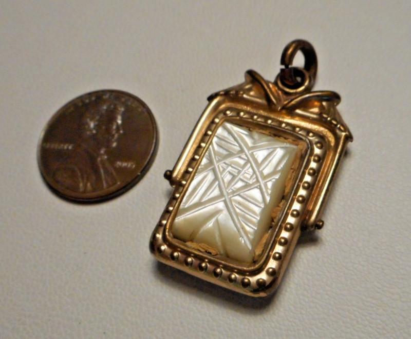 Antique Victorian Gold-Filled Fob w Carved Mother of Pearl & Bloodstone gallery