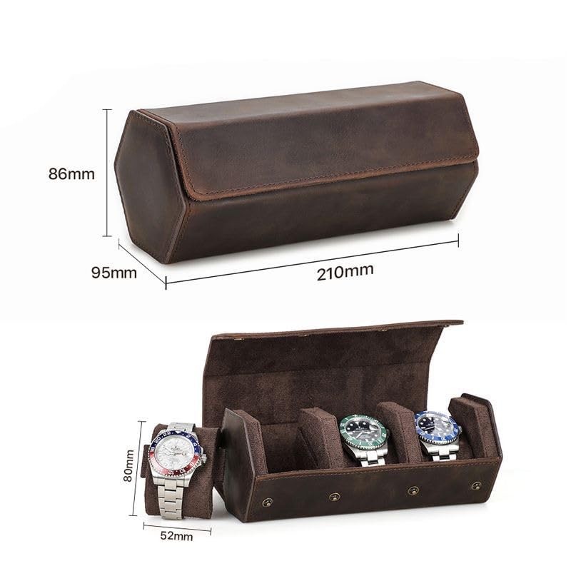 Genuine Leather Watch Roll Travel Case, Vintage Full Grain Hexagon 3 slots gallery