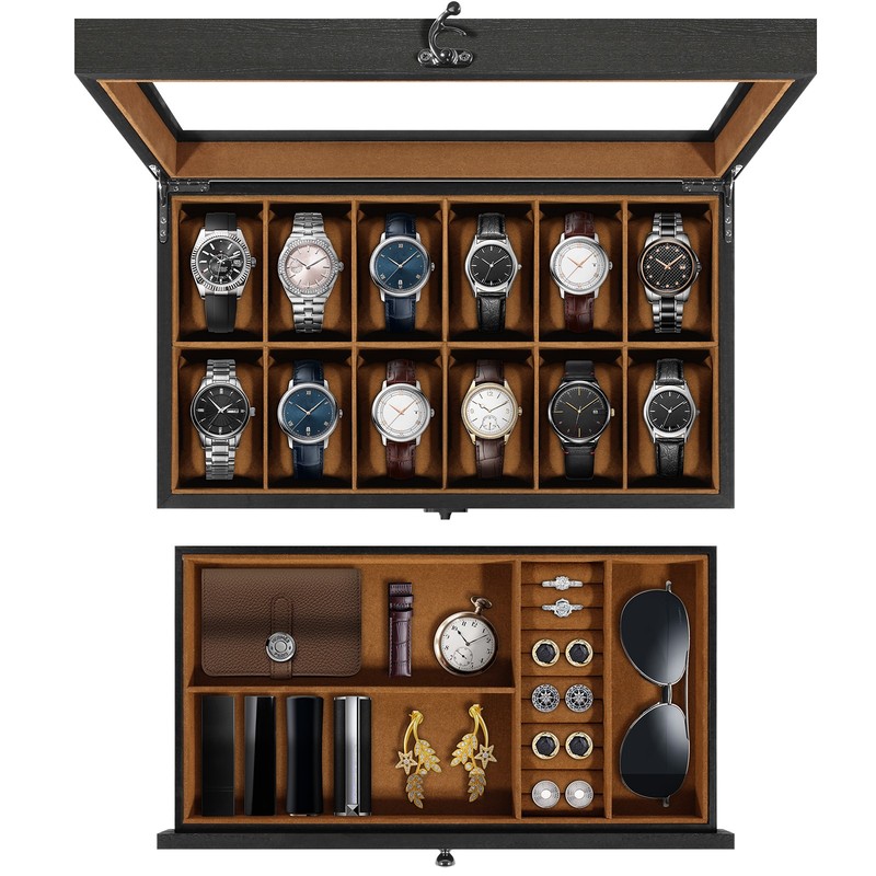 12 Slots Solid Wood Watch Box – Watch & Jewelry Storage Display Case, Gift
