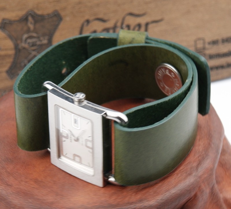 Handmade Leather Watch Strap for Hermes Barenia BA1.510 Green 24mm