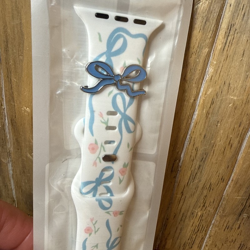 Apple watch band. 42/44/45/46/49 mm. White band with blue bows & pink flowers