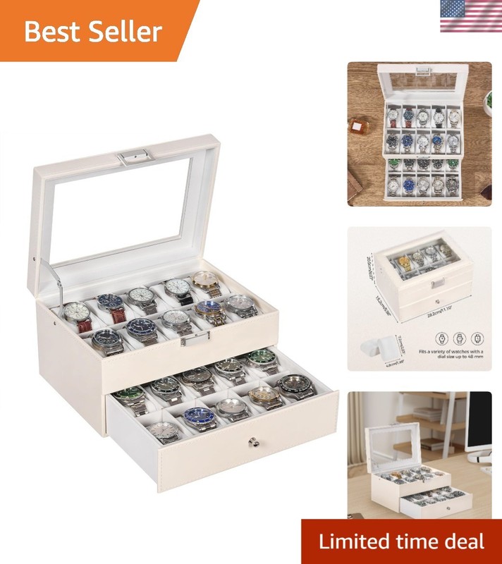 Modern 20-Slot Watch Organizer with Removable Pillows & Glass Lid – White Finish