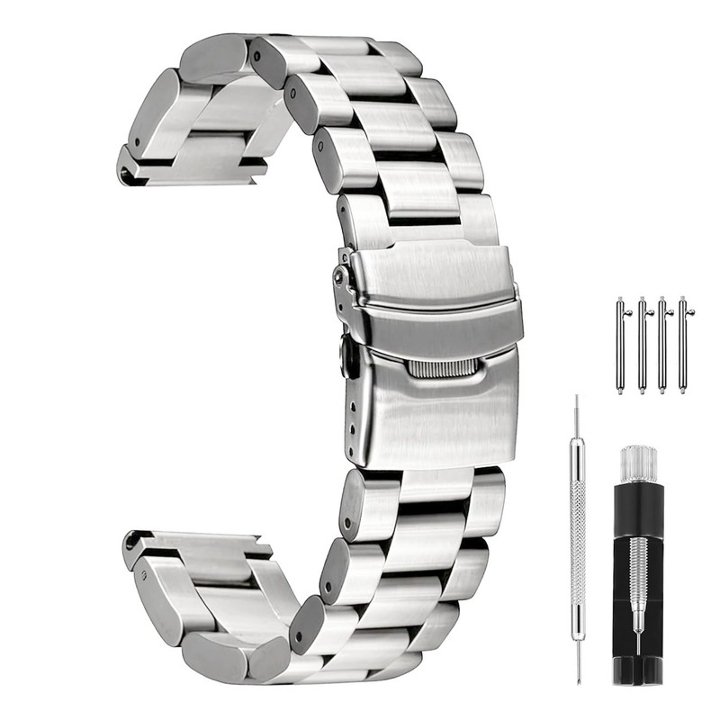 Solid Stainless Steel Watch Band 20 22 24 26mm Brushed Strap Double Lock Clasp
