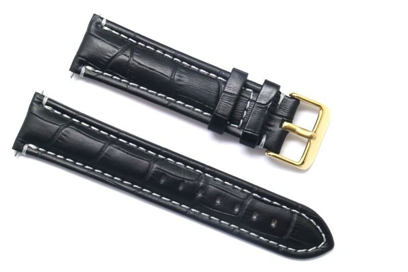 22mm Black or Brown Crocodile Grain Leather Watch Band Strap Gold Tone Buckle