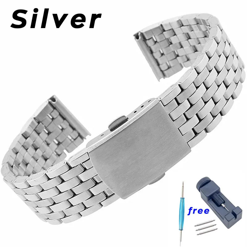 Metal 7-Rows LInk Bracelet Stainless Steel Watch Band 18mm 20mm 22mm Wrist Strap