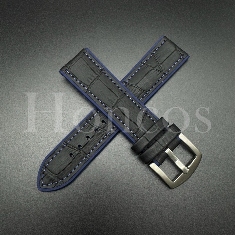 20 22 MM Silicone Rubber Leather Alligator Watch Band Strap Fits Longines BK/BL