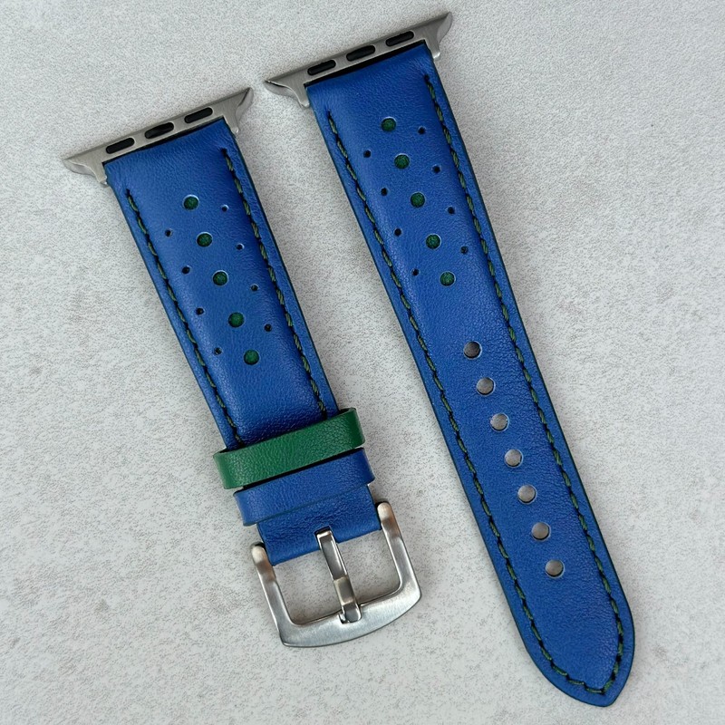 Blue / Green Leather Racing Apple Watch Strap Series 7, 8, 9, 10, 11, SE, Ultra