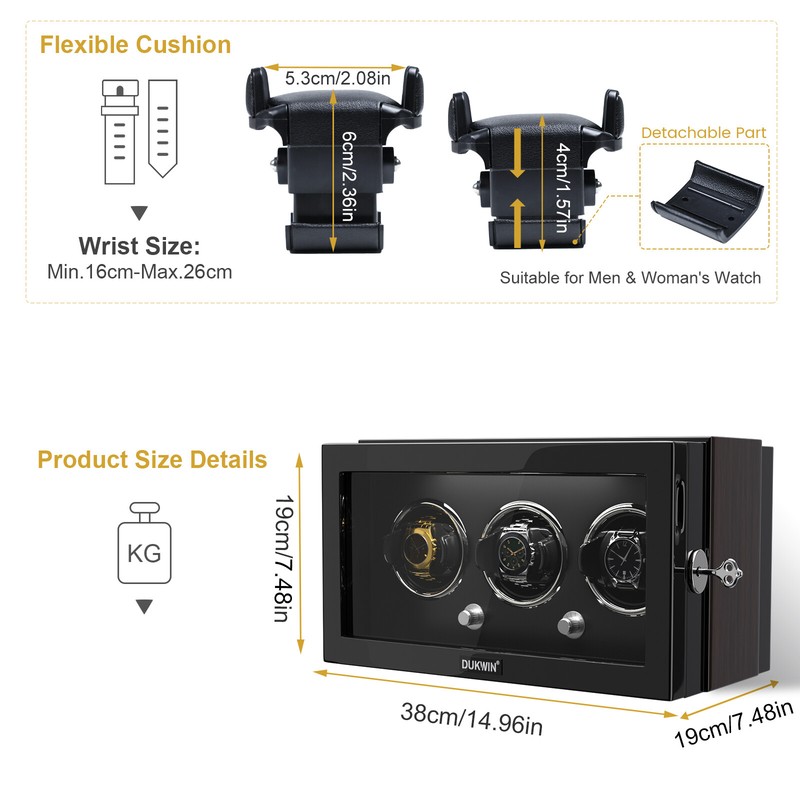 Automatic 3 Watch Winder Box LED Light Display Case Box With Lock Luxury Gift