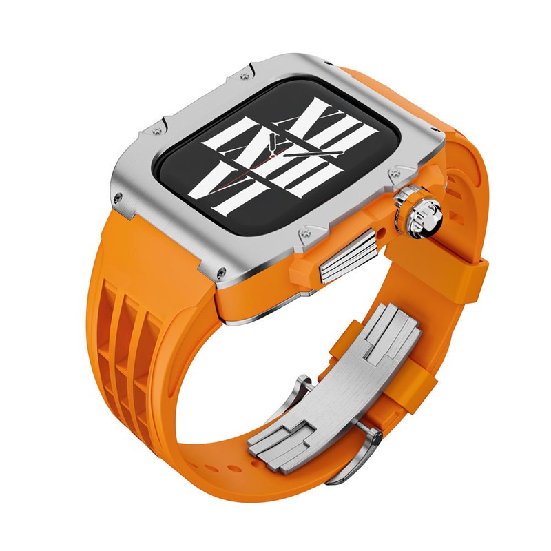 316L Stainless Steel RM Mod Kit Case Rubber Strap for Apple Watch 9 8 6 45/44mm