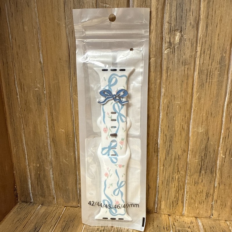 Apple watch band. 42/44/45/46/49 mm. White band with blue bows & pink flowers gallery