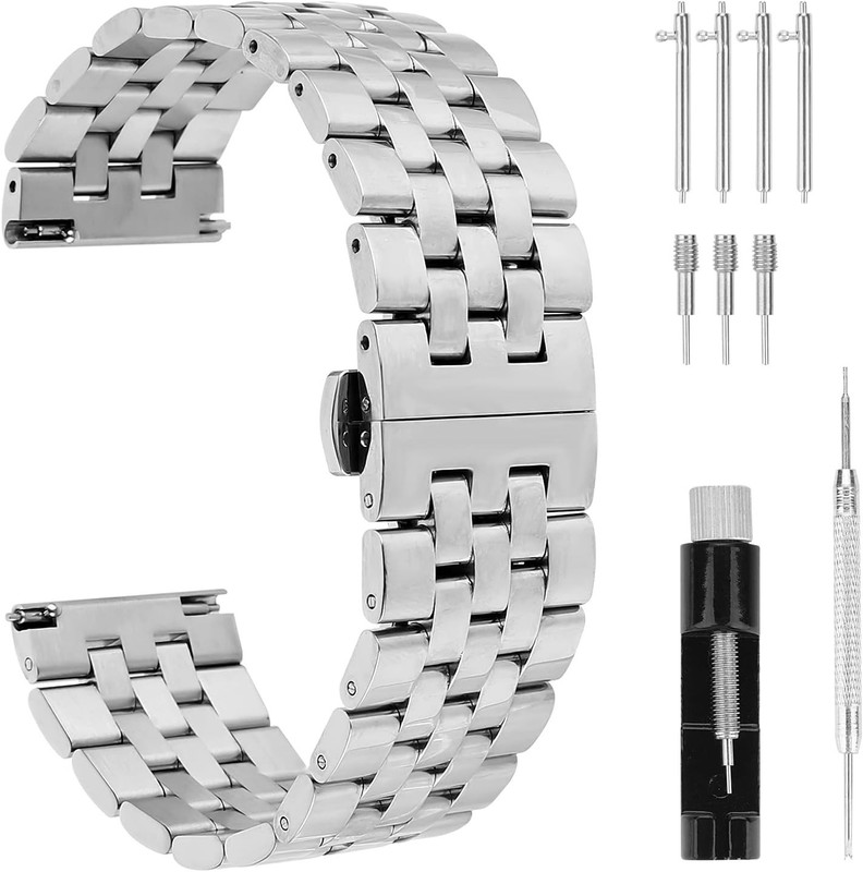 Heavy Duty Stainless Steel Watch Band Solid Link Polished Strap 20mm 22mm gallery