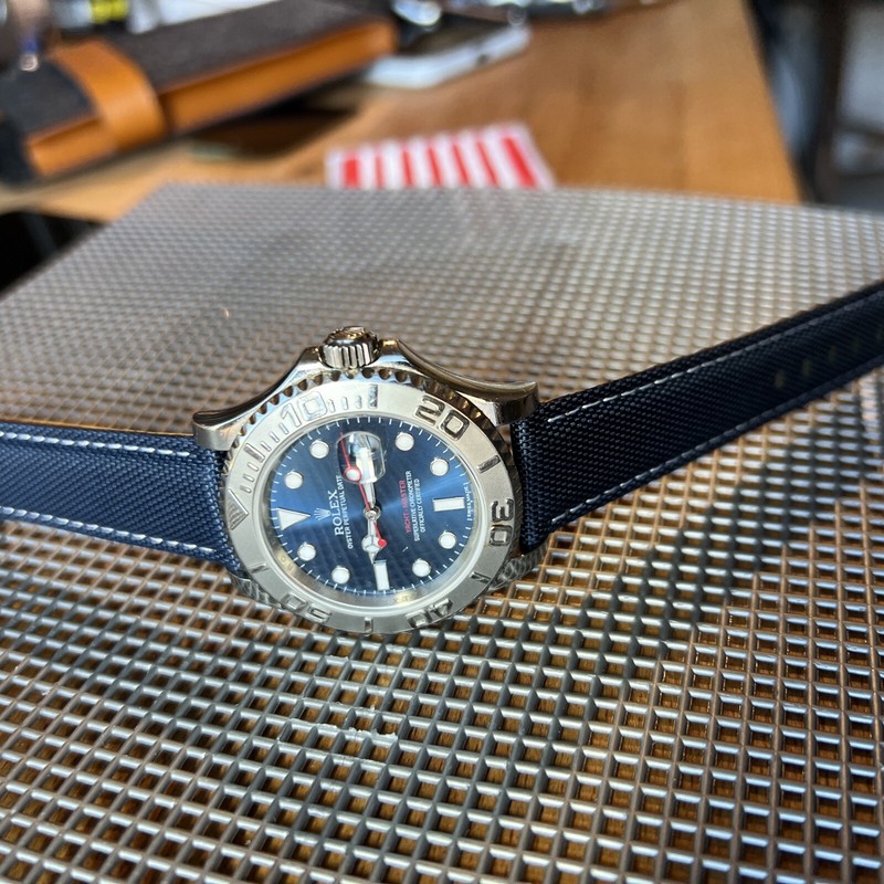 20mm NAVY BLUE Sailcloth Canvas/Leather watch band strap WHITE Stitch
