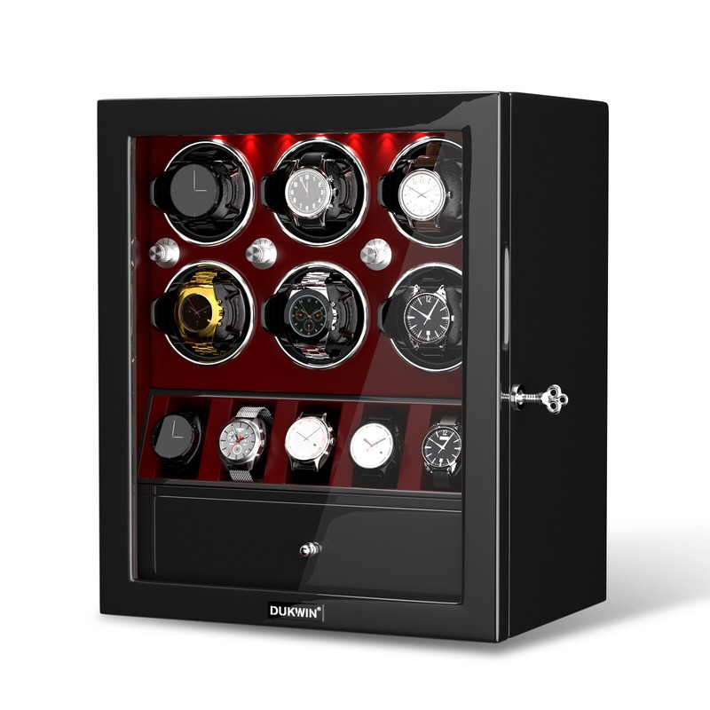 DUKWIN Automatic 6 Watch Winder With 5 Watches Display Storage Box LED Light
