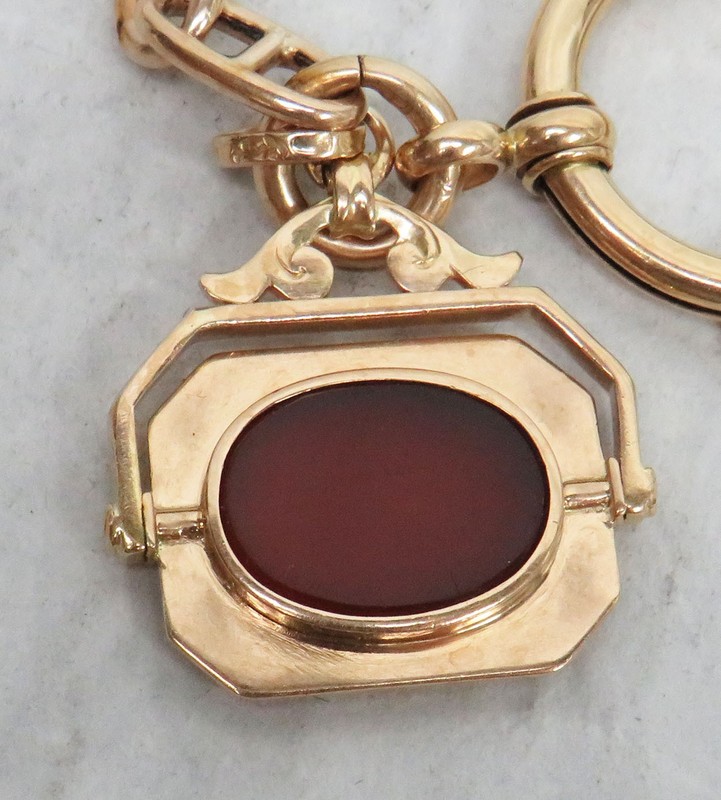 ANTIQUE 18K GOLD SWEDISH CRAFTED 10" POCKET WATCH CHAIN WITH AGATE FOB gallery