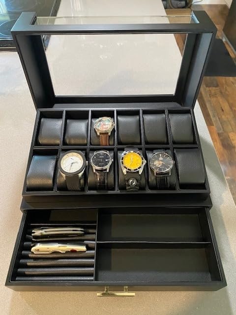 Watch Display Case Luxury 12 Slot Black Wood & Leather Organizer Storage Box gallery