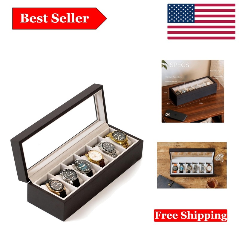 Elegant Espresso Wood Watch Box with Glass Display & Dimmable Features