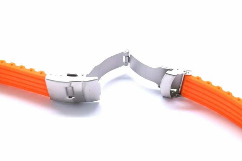 2Pcs 22mm Orange Rubber Men Watch Strap Band Silver Tone Deployment Clasp gallery