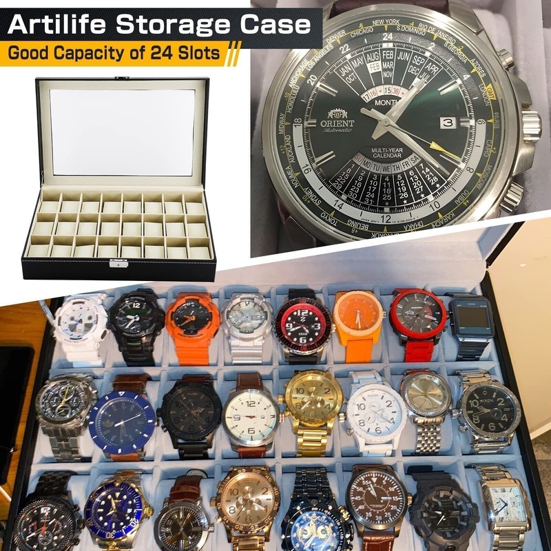 24 Slots Watch Box PU Leather Watch Case Organizer Watch Display Case Lockable ✅ gallery