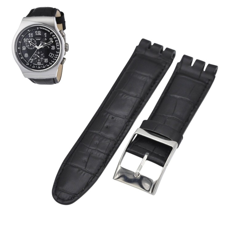 23mm Black Leather Watch Strap For Swatch XL Irony The Chrono YOS440