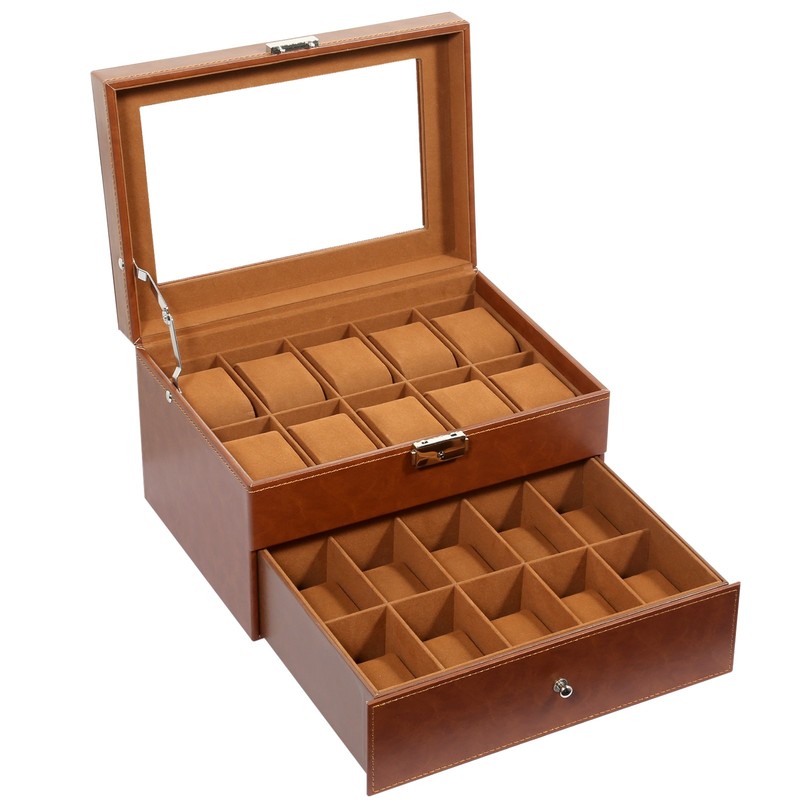 Uten 20-Slot Watch Box, Glass Lid, Removable Pillows, Metal Lock, Synth Leather