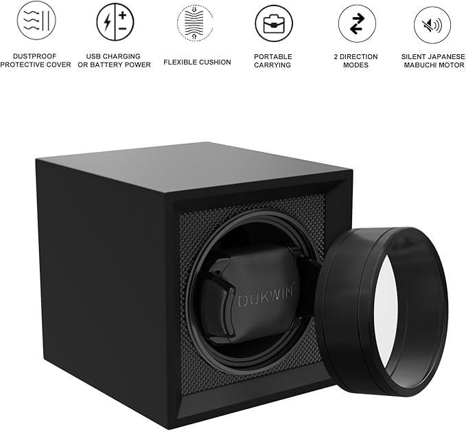 DUKWIN Single Watch Winder Box with Quiet Japanese Motor Dual Power Supply Black gallery