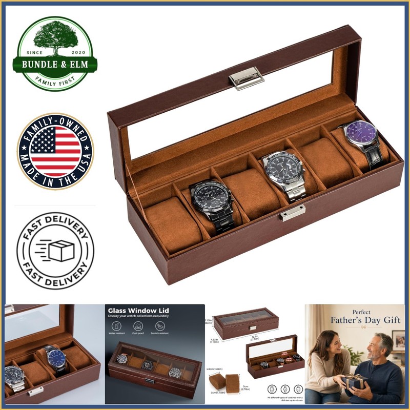 Faux Leather Watch Box, 6-Slot Storage for Men’s Watches and Accessories