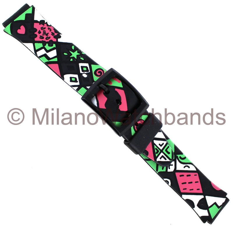 16mm Black Graphic Print Green Pink White Watch Band