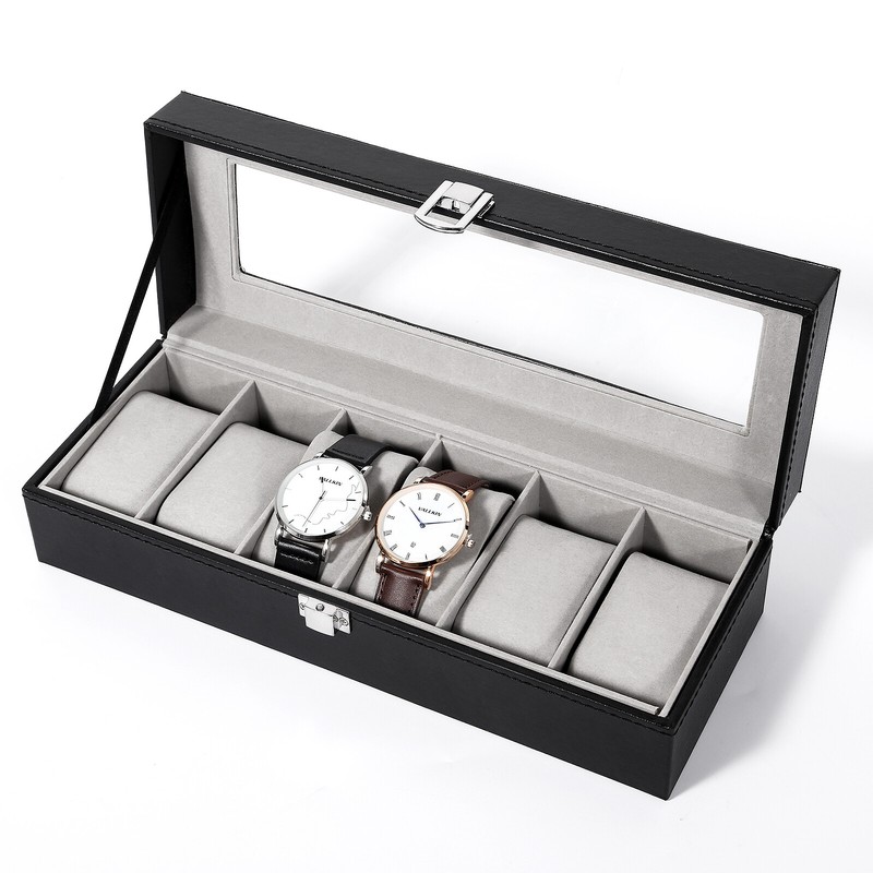 6/12 Slot PU Leather Case Organizer Watch Box Storage Display Top Glass NEW gallery