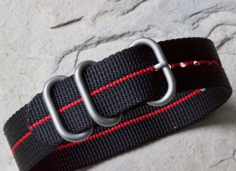 One-piece vintage military watch 20mm thick nylon NOS strap with red pin stripe